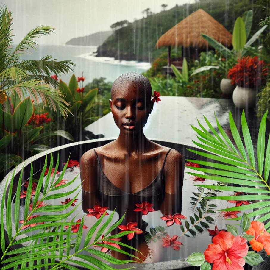 A Black woman in a bathtub with flowers and plants, rain pours around her. She is outside near a beach.