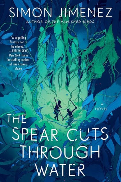 The cover of "the spear cuts through water," with two silhouetted warriors battling amongst lush greenery.