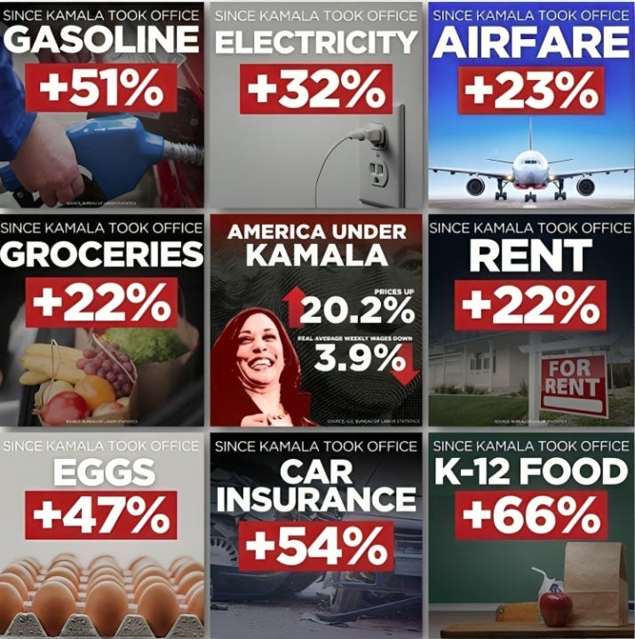 Infographic showing significant price increases in various sectors since Kamala Harris took office. Gasoline +51%, Electricity +32%, Airfare +23%, Groceries +22%, Rent +22%, Eggs +47%, Car Insurance +54%, K-12 Food +66%. The central image highlights 'America Under Kamala' with prices up 20.2% and real average weekly wages down 3.9%.