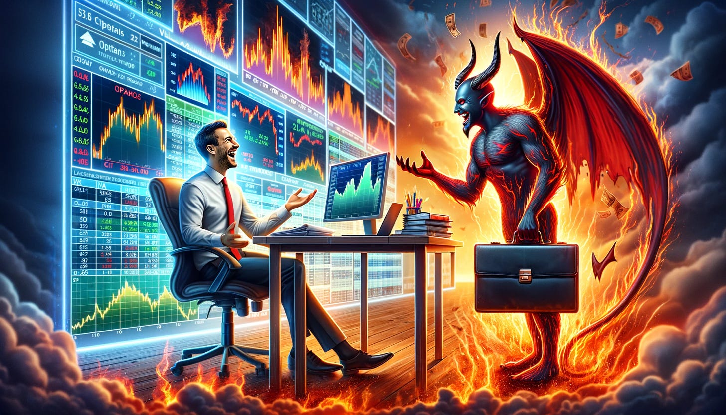 An imaginative and dynamic image for a finance blog, portraying a cheerful options trader engaged in a negotiation with a devilish character, both discussing options trading details. The trader, still exuding optimism, is sitting at a desk with multiple bright screens displaying Greek profiles and payout diagrams. Opposite him stands a devilish figure, embodying risk and challenge, with a mischievous grin, holding a briefcase and documents. The background is a surreal blend of a modern trading floor and a more fantastical, fiery realm, symbolizing the high stakes and risks of options trading. This image should be captivating, conveying the thrill and strategy of trading in a fantastical setting.