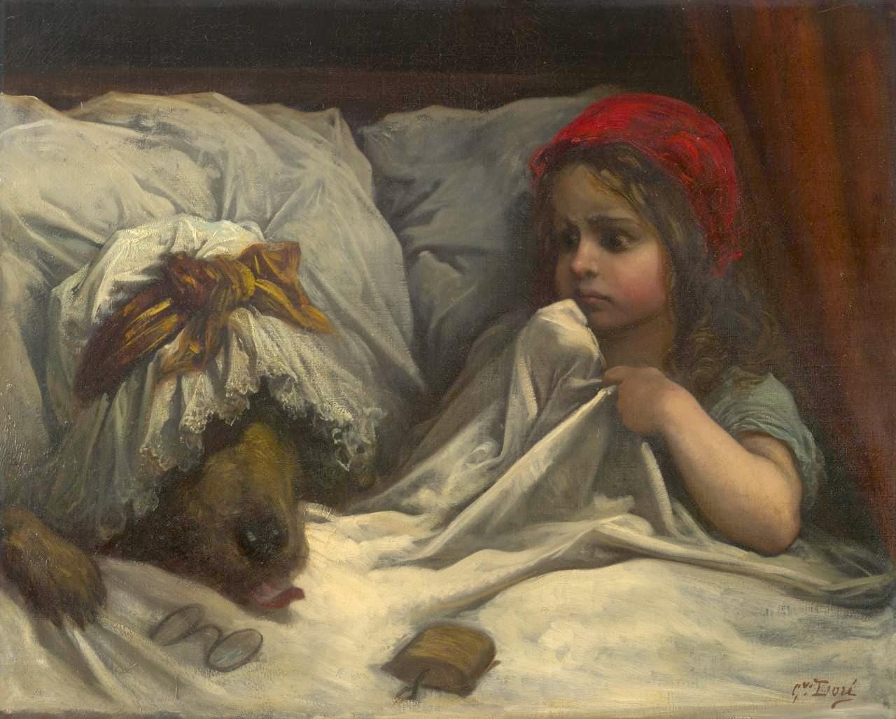 1862 oil painting by Gustave Dore ofLittle Red Riding Hood clutching the bedsheets and staring in horror at the big bad wolf dressed as grandma in bed next to her, tongue lolling, sleeping or post orgasmic