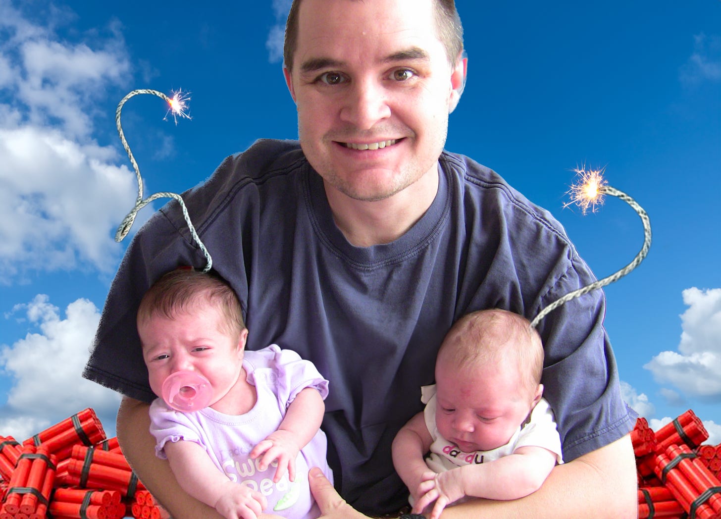 Author holds his infant daughters, with lit fuses Photoshopped onto their heads