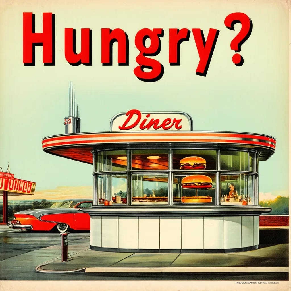 Vintage 1950s poster for a diner with the word "Hungry?" by Stable Diffusion 3.5 Large