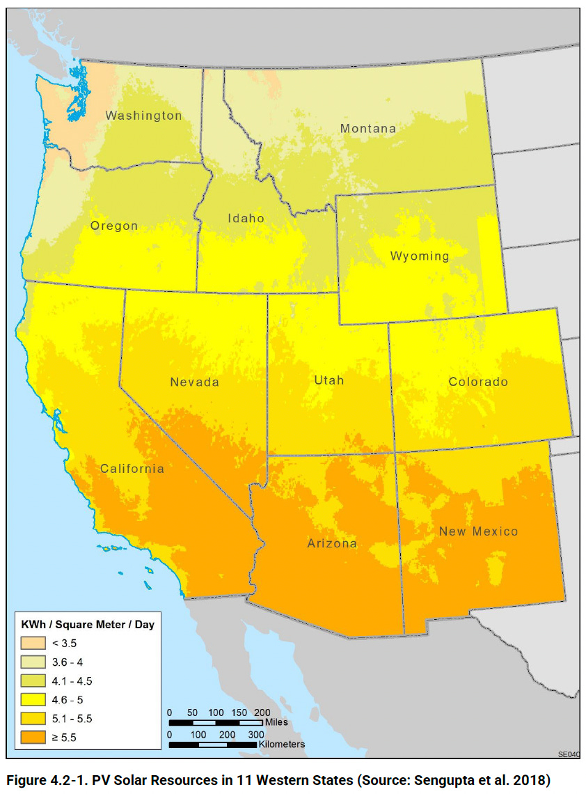 Map showing 11 western contiguous states and the levels of sunlight in each region.