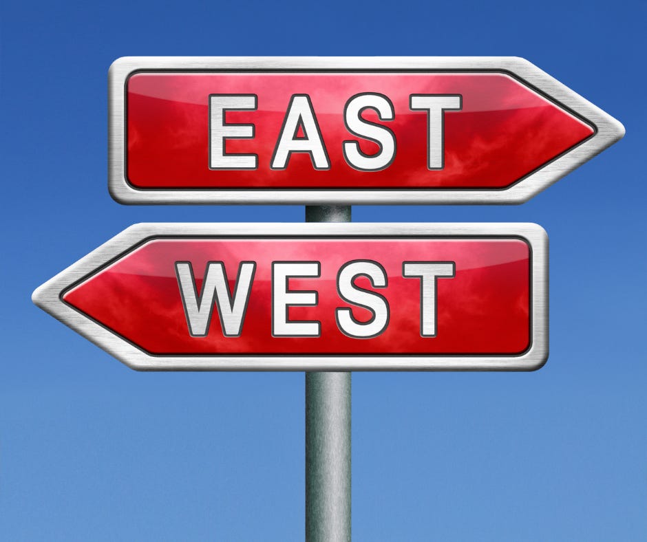 two signs pointing in opposite directions, one says East and the other says West