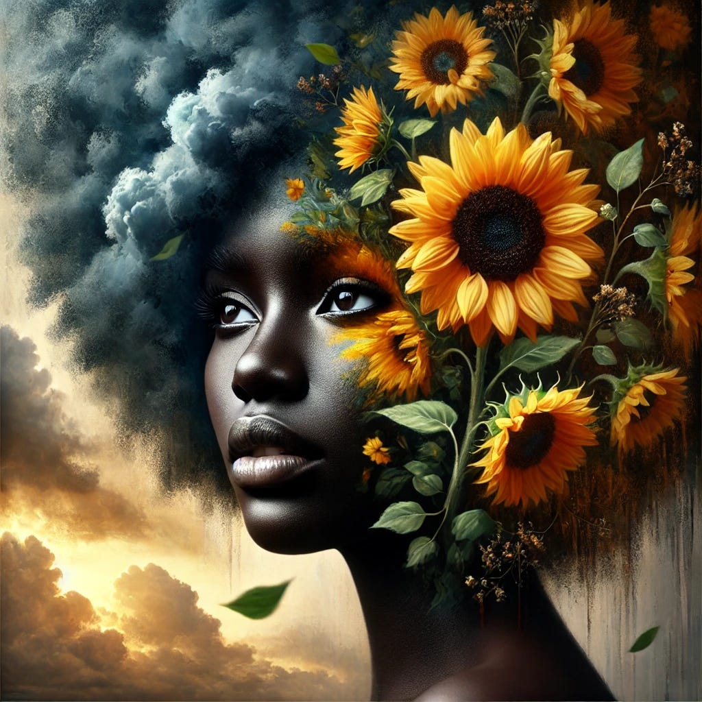 a dark skin black woman's face with a storm almost painted over but with sunflowers coming through the other side