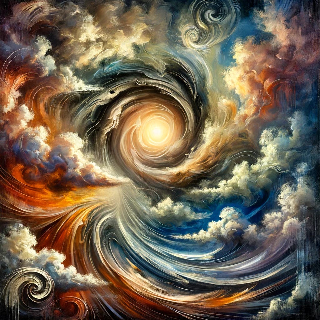 An abstract oil painting reflecting the philosophical exploration of the meaning of life. The painting features swirling brushstrokes and contrasting colors to represent the complexity and elusiveness of life's purpose. In the center, a dim, undefined form symbolizes the ungraspable nature of life's meaning. Surrounding this form, vibrant and dynamic strokes illustrate the flow and practical unfolding of life. The overall atmosphere is contemplative, with a dramatic sky hinting at the internal struggles and philosophical inquiries. The painting evokes a sense of introspection and the dissolution of the question within the lived experience.