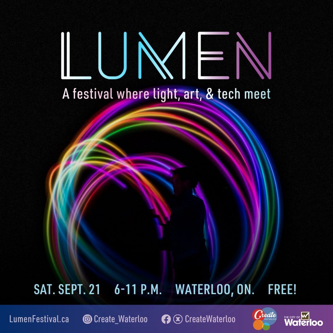 Promotional poster for Lumen Festival at Waterloo, featuring a silhouette of a person creating vibrant light trails in the dark. Event details include: 'A festival where light, art, & tech meet,' scheduled for Saturday, September 21, from 6-11 PM, free admission. Logo of Create Waterloo and website address LumenFestival.ca are visible.