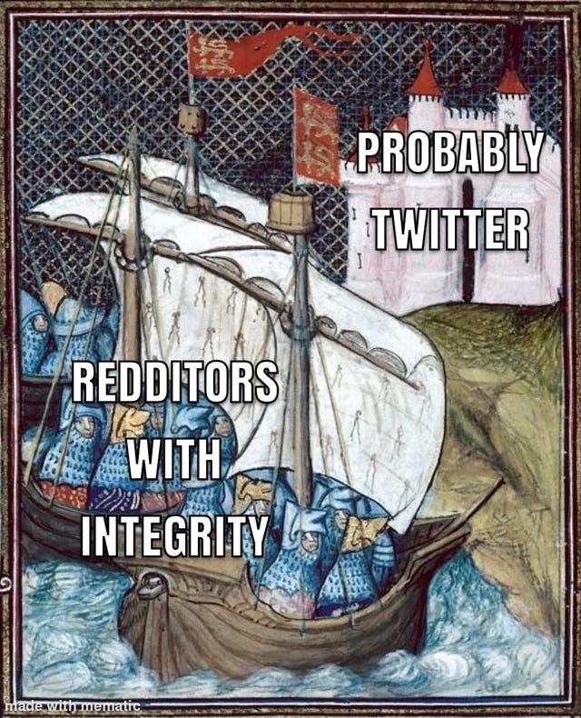 A medieval painting of a ship full of sailors advancing on a walled city. The caption on the sailors says "Redditors with integrity" and the caption on the city says "probably twitter"