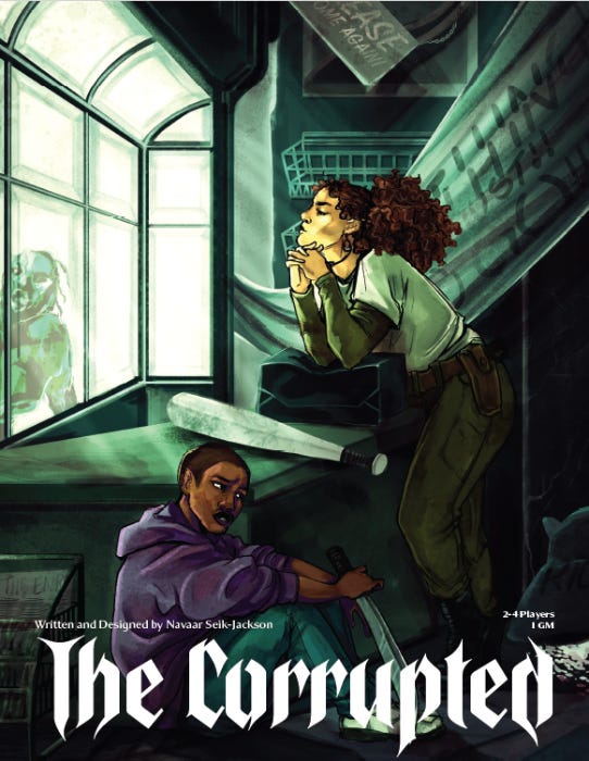 the cover of THE CORRUPTED, which shows two people armed with a baseball bat and a machete sheltering inside an abandoned building