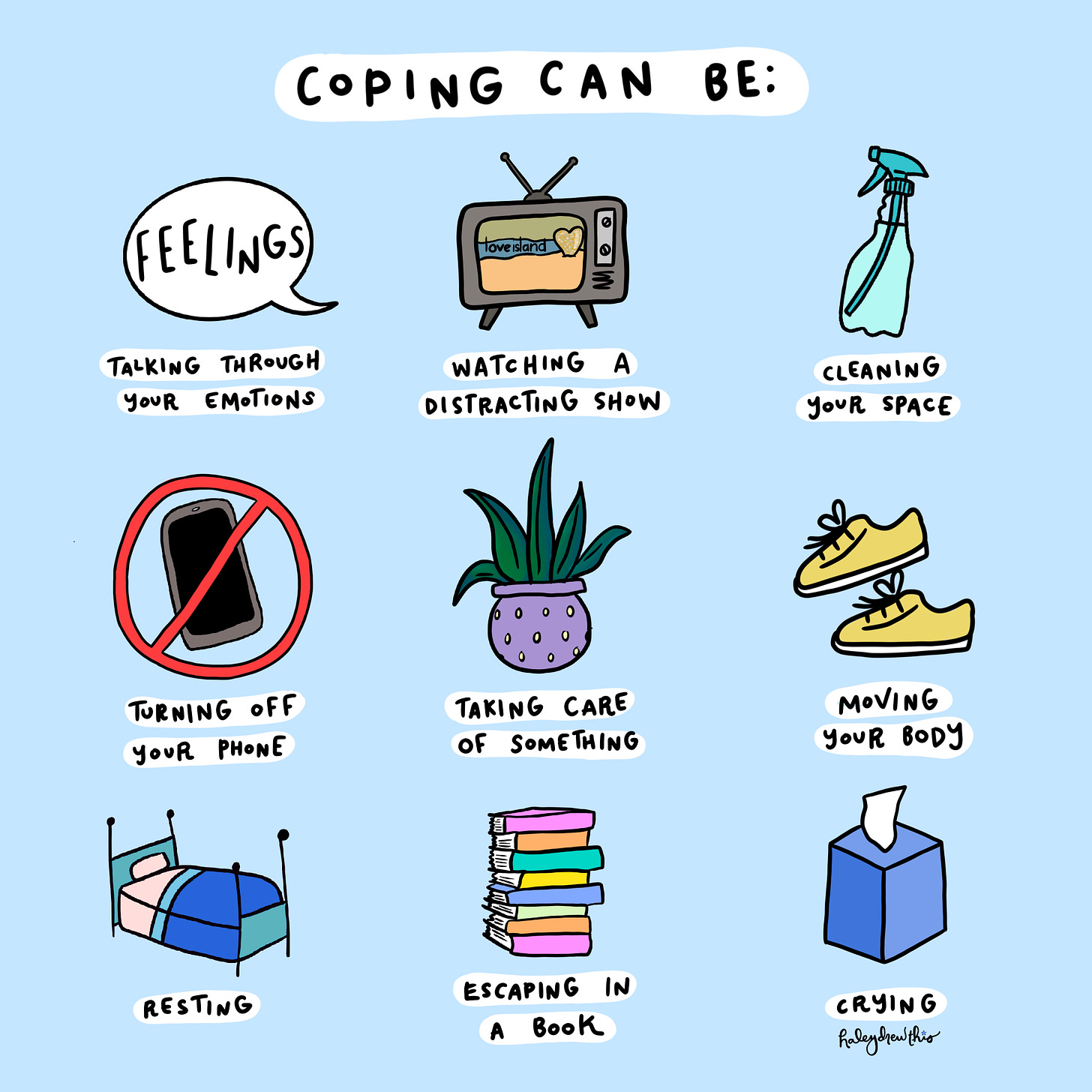 Blue background with title "Coping Can Be," followed by "talking through your emotions, "watching a distracting show," "cleaning your space," "turning off your phone," "taking care of something," "moving your body."