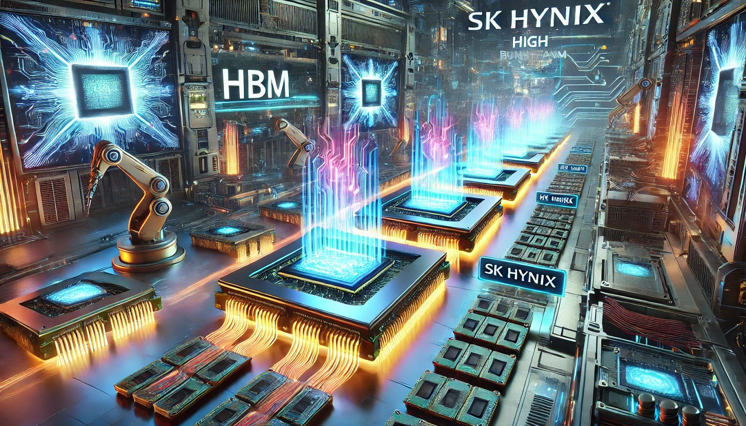 A 16:9 futuristic illustration showcasing SK Hynix HBM (High Bandwidth Memory) being used for AI chips. The scene features glowing stacks of HBM modules connected to advanced AI processors, with vibrant data streams symbolizing high-speed performance. The SK Hynix logo is prominently displayed on the memory stacks, highlighting their role in AI innovation. The background includes a high-tech lab environment with robotic arms assembling AI chips and holographic displays showing performance metrics. The atmosphere conveys cutting-edge technology and the critical role of HBM in AI chip advancements.