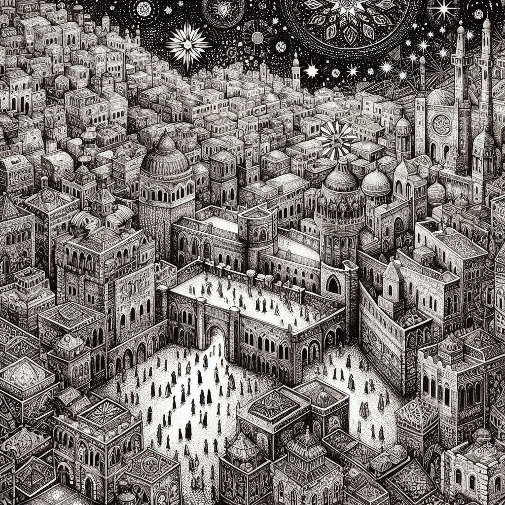 Pen and ink drawing of ancient city