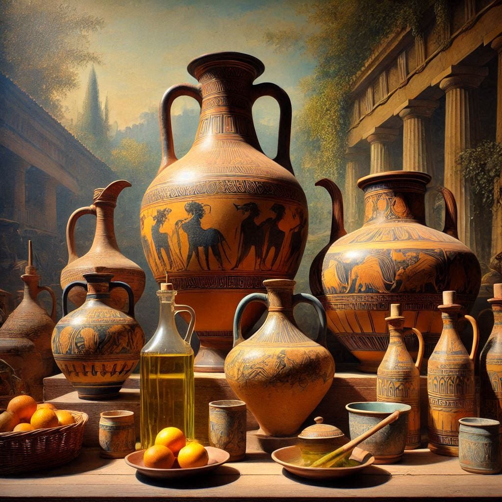 AI-generated art showing a table of ancient Greek pottery