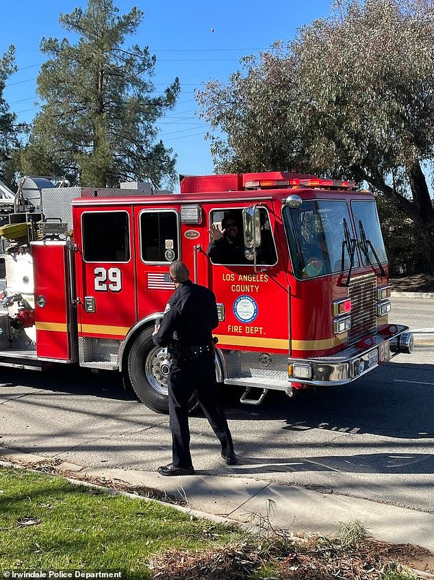 A fire engine in Irwindale where firefighters witnessed Ruben Montes, 29, 'actively lighting fires' in the area