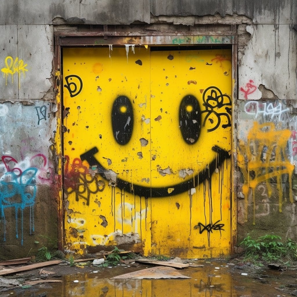 A smiley face is drawn with graffiti on a door.