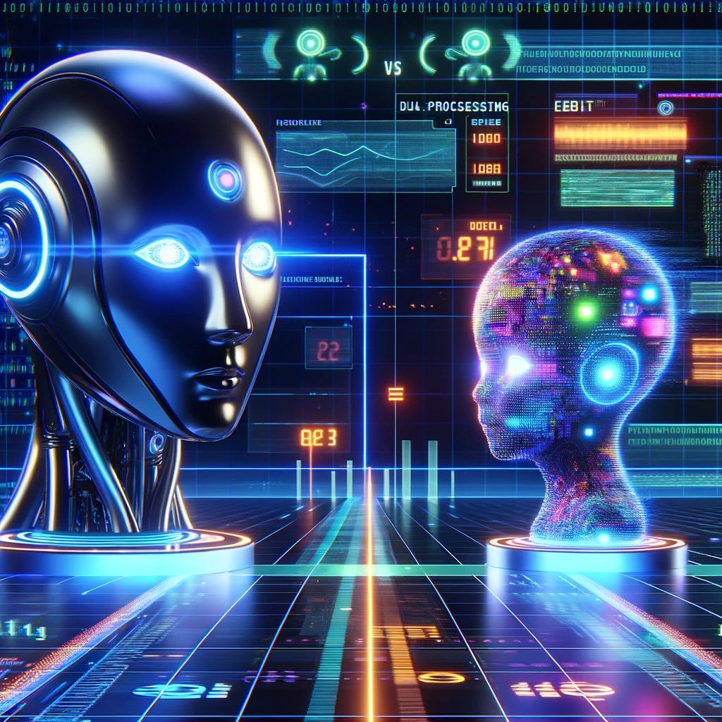 An imaginative scene depicting two AI entities competing with each other. The first AI, named 'Gemini', is visualized as a sleek, futuristic robot with a smooth, reflective surface and a pair of bright, neon eyes, symbolizing its advanced dual-processing capabilities. The second AI, 'Mistral', is smaller but dynamic, with a compact design featuring vibrant, pixelated patterns that glow intermittently, indicating its efficient processing power. They are positioned in a high-tech arena, with digital scoreboards displaying their names and abstract symbols representing their performance metrics. The background is filled with binary code and holographic displays, illustrating a virtual competition space. This scene is purely fictional and symbolic of technological competition.