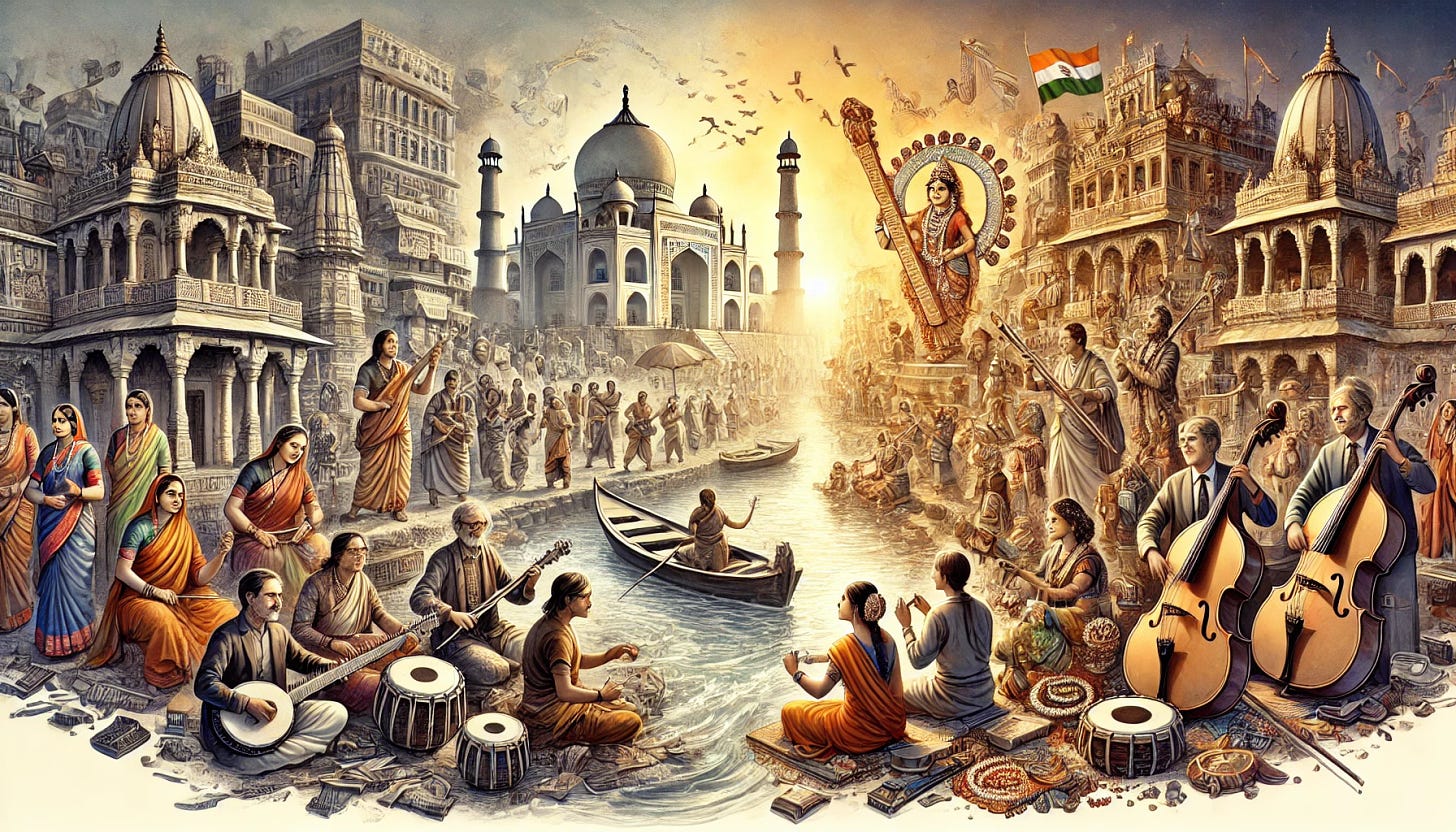 A wide, panoramic illustration depicting the journey of Indian classical music from its ancient roots to its present-day significance. On the left, show a tranquil dawn in Varanasi with the melodic strains of a sitar rising, mingling with the city's morning rituals. Transition to scenes of ancient times with traditional musicians playing instruments like the sitar, tabla, and veena, capturing the spiritual and cultural heritage of India. On the right, depict modern-day performances and global audiences appreciating Indian classical music, showcasing its evolution and global significance. The entire image should be detailed and colorful, reflecting the rich history and enduring legacy of Indian classical music.