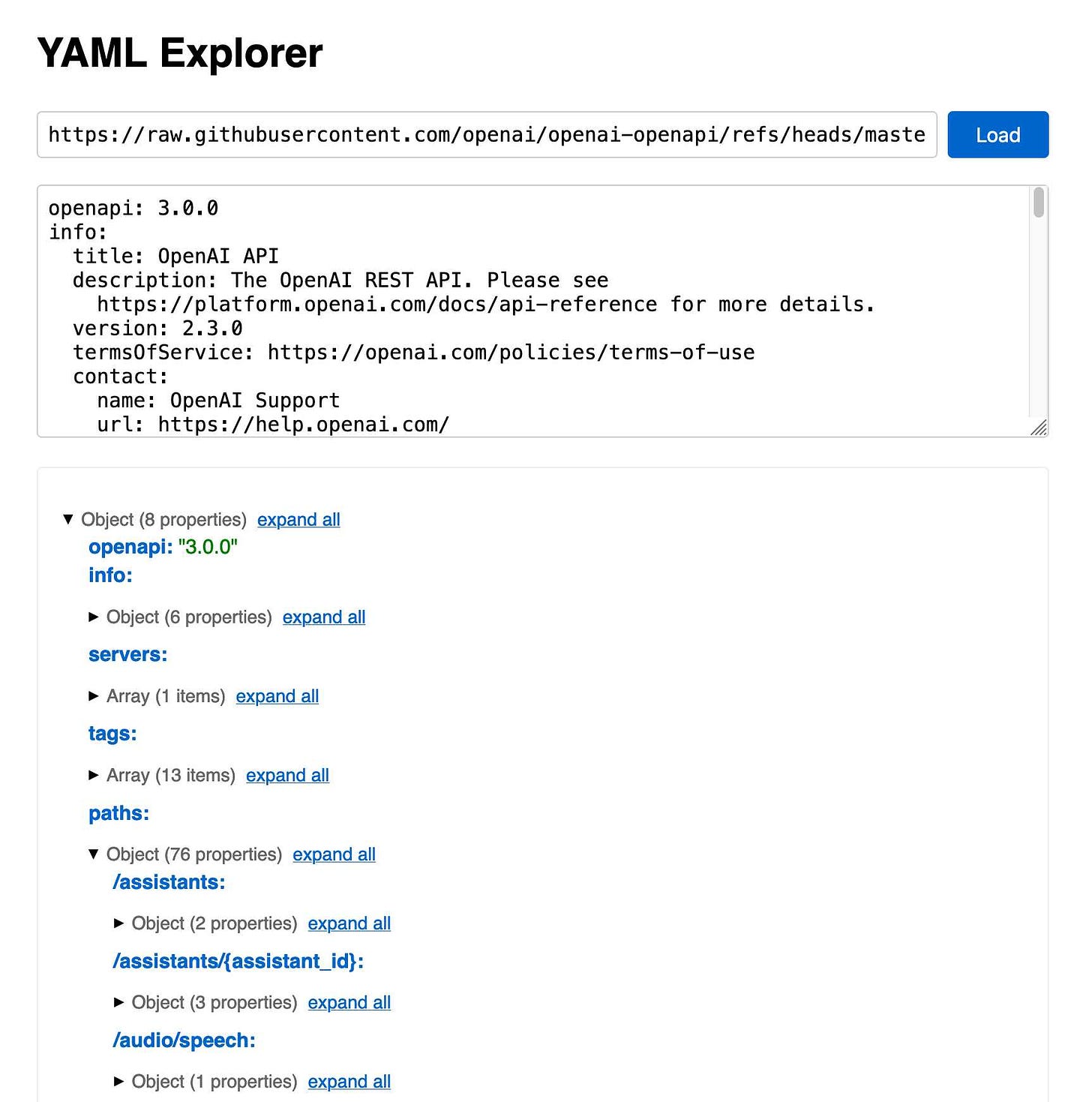 Screenshot of the YAML explorer, showing a partially expanded set of sections from the OpenAI API specification.