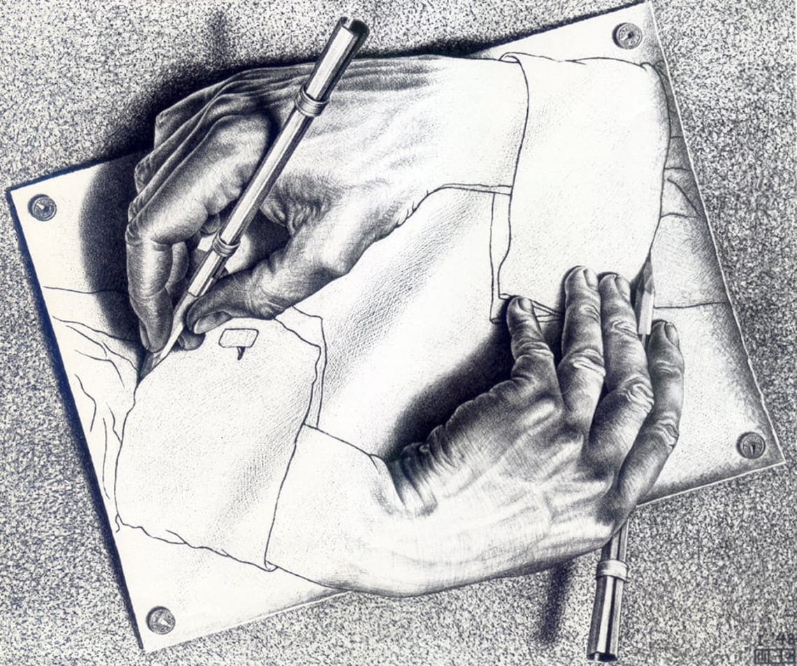 M.C. Escher Drawing Hands art poster reproduction canvas print | Etsy