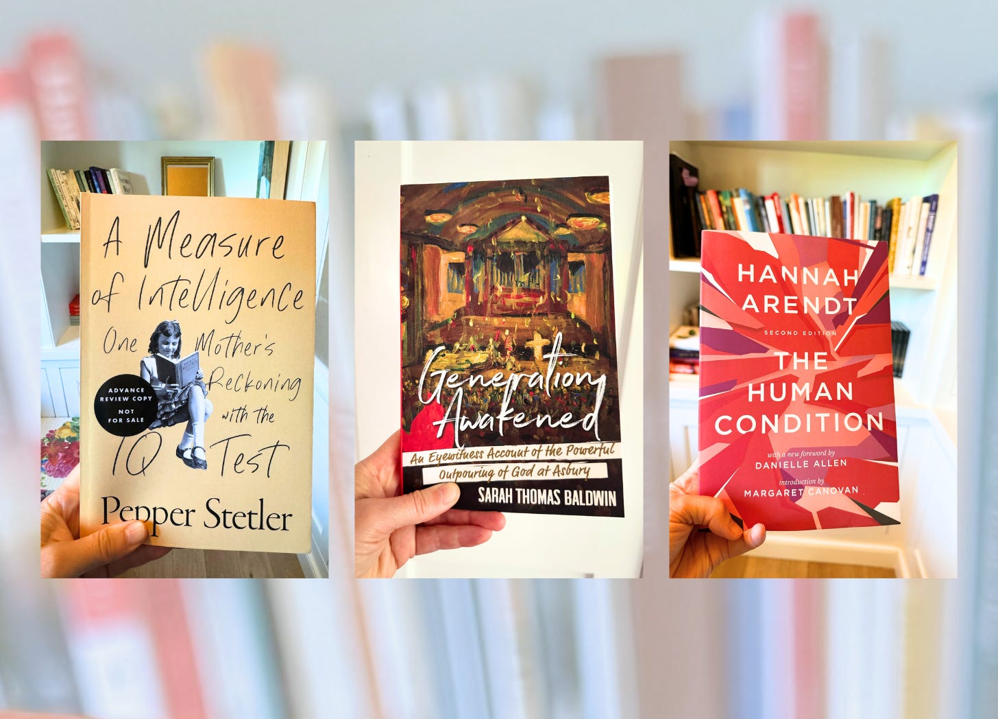blurred bookshelves in the background with three book photos featured of: A Measure of Intelligence, Generation Awakened, and The Human Condition