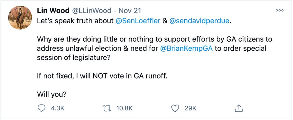 Let\u2019s speak truth about  @SenLoeffler  &  @sendavidperdue .  Why are they doing little or nothing to support efforts by GA citizens to address unlawful election & need for  @BrianKempGA  to order special session of legislature?  If not fixed, I will NOT vote in GA runoff.  Will you?