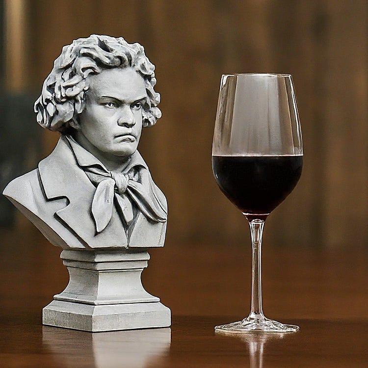 A bust of Beethoven with a glass of red wine, artificial intelligence image created by Google's Gemini AI. 