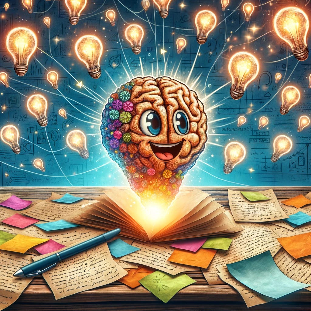 An imaginative and vivid illustration showing a wooden table covered with numerous handwritten notes. Among these, 2-3 notes are visually distinct as they emit a soft, glowing light, symbolizing that they are sparking insight. Above the table, a cartoonish, cheerful human brain hovers, its expression joyful and satisfied, suggesting it has just generated these insightful ideas. The scene captures a moment of creative breakthrough, with a focus on innovation and the joy of discovery in a conceptual and artistic style.