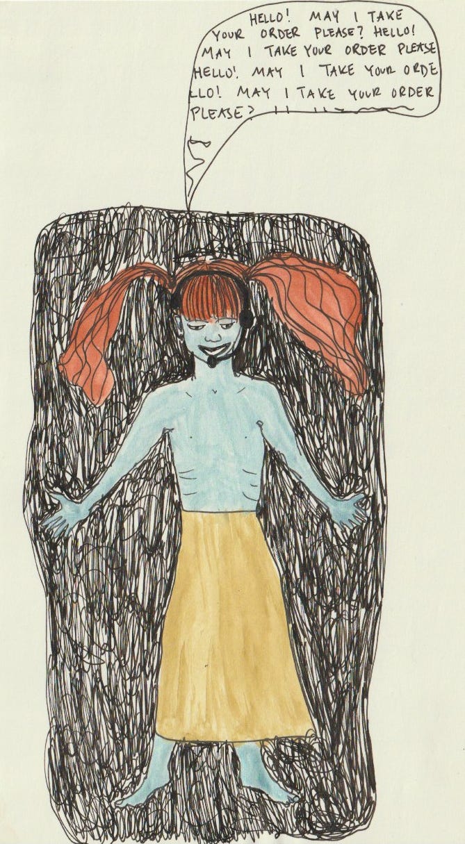 An ink and watercolor sketch from a sketchbook of a blue-skinned, red-haired, pigtailed young girl laying in what could be a dark grave. She has a headset on and a big exhausted smile and she's saying, over and over, "Hello, may I take your order please?"