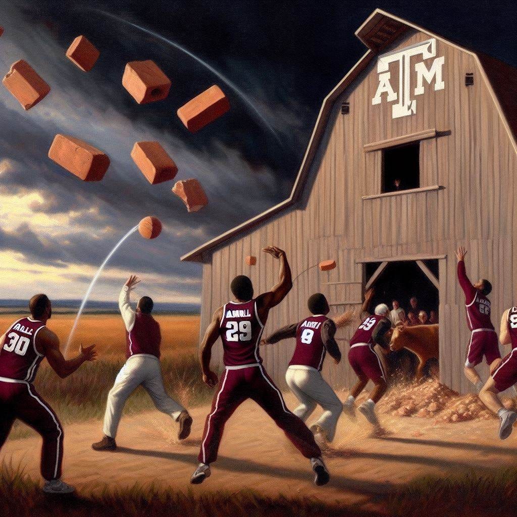 The Texas A&M men's basketball team throwing bricks at the broad side of a barn, in the style of Winslow Homer
