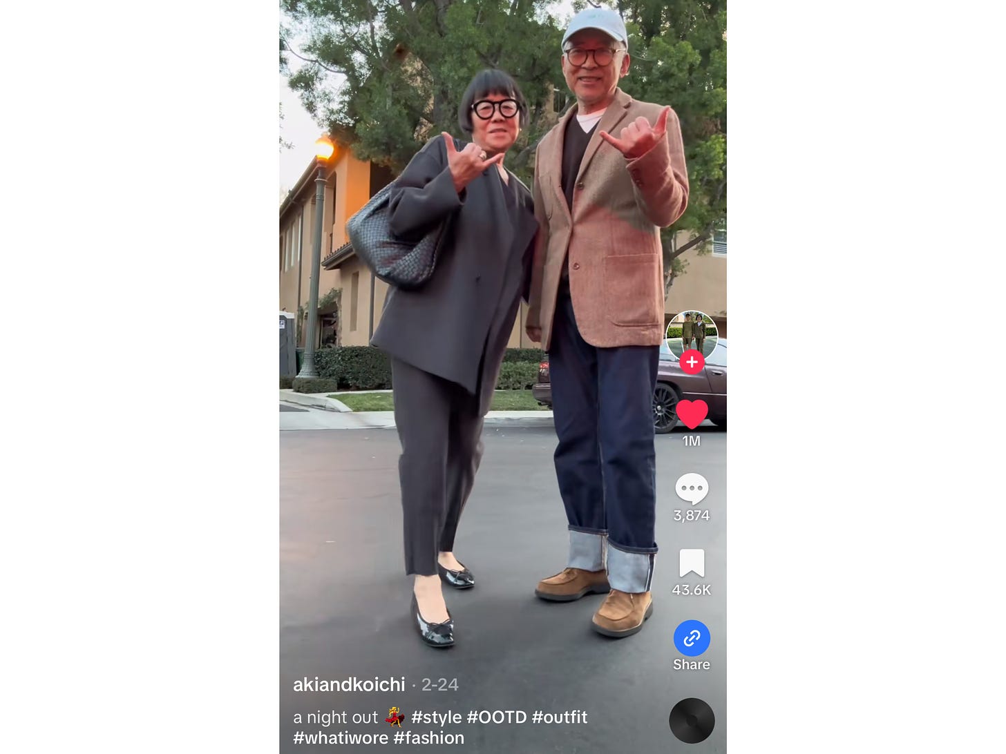 Photo of a stylish couple in a TikTok screenshot with 1M likes