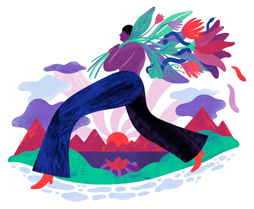 A tall person, wearing long blue flares and red boots, strides beside a lake lined with mountains at sunset, while carrying a large bouquet of flowers over their shoulder. A snake pokes out between the flowers.
