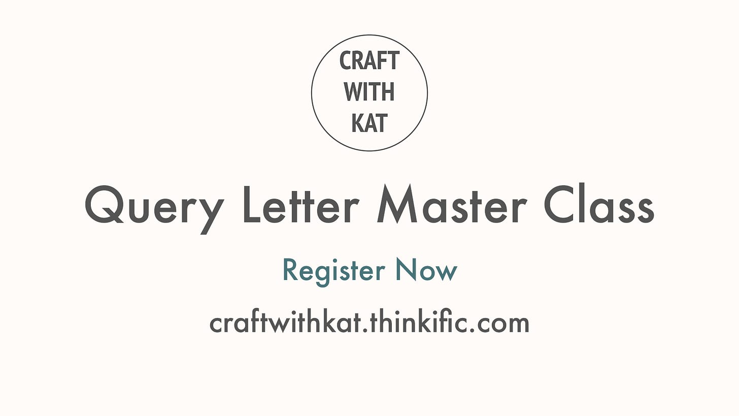 A banner with the Craft with Kat logo. The text says, "Query Letter Master Class. Register Now. craftwithkat.thinkific.com"