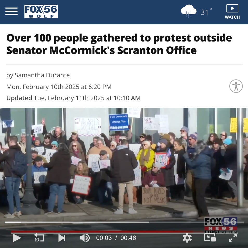 Fox56 - Over 100 people gathered to protest outside Senator McCormick's Scranton Office by Samantha Durante Mon, February 10th 2025