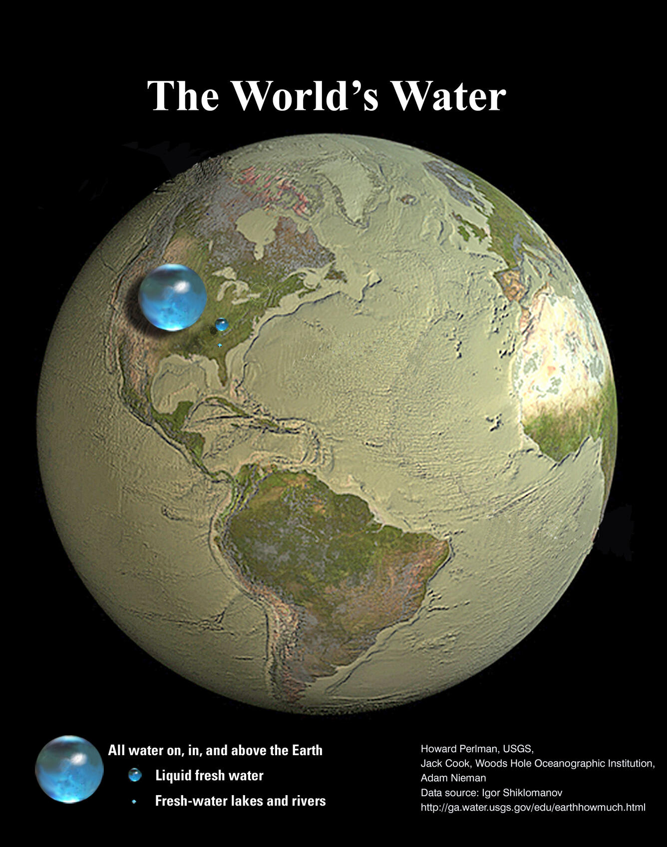 All water on Earth in a sphere, placed over a "dry" globe