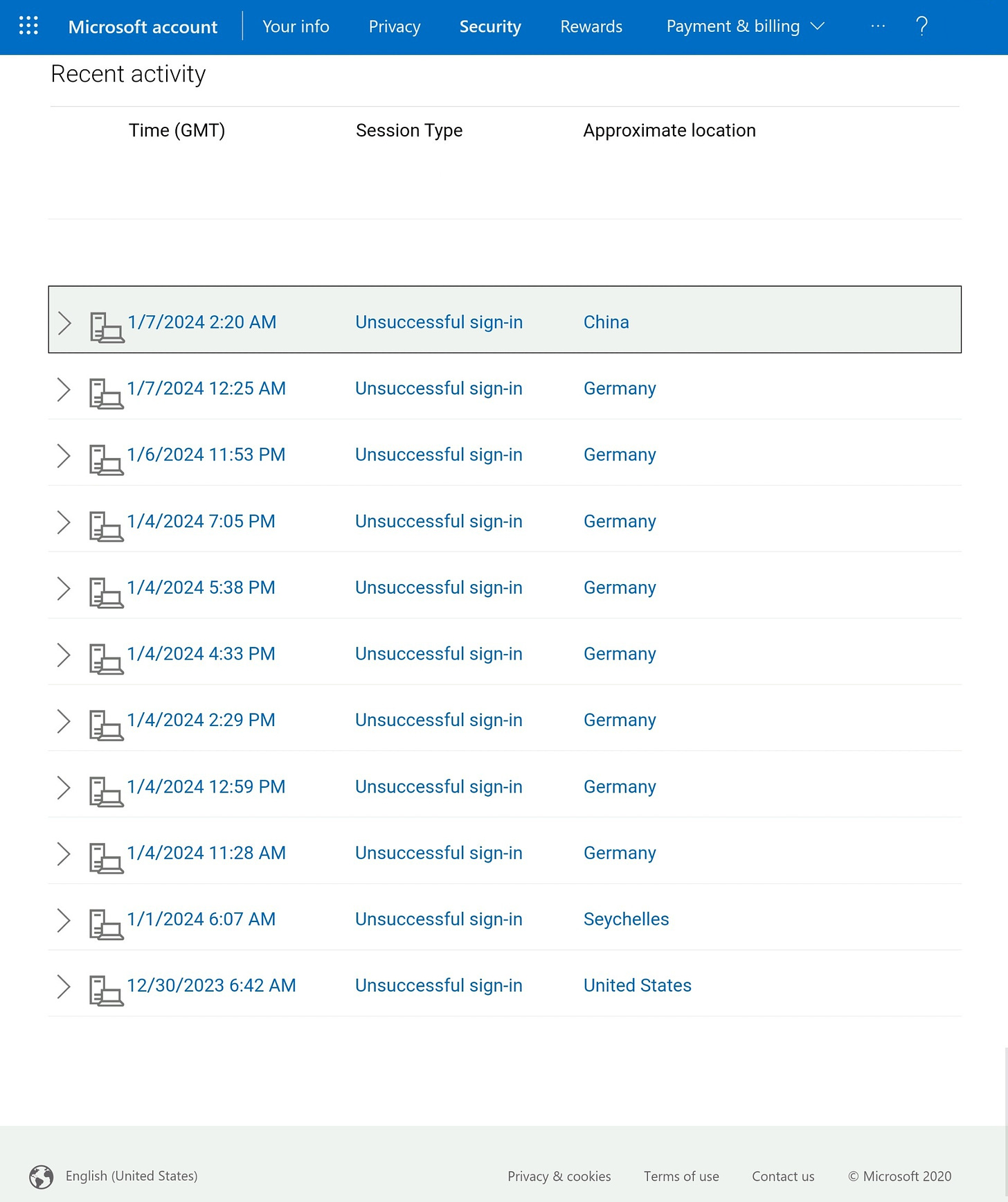 Screenshot of Microsoft's recent activity page showing a series of unsuccessful sign-in attempts from various approximate location and time.