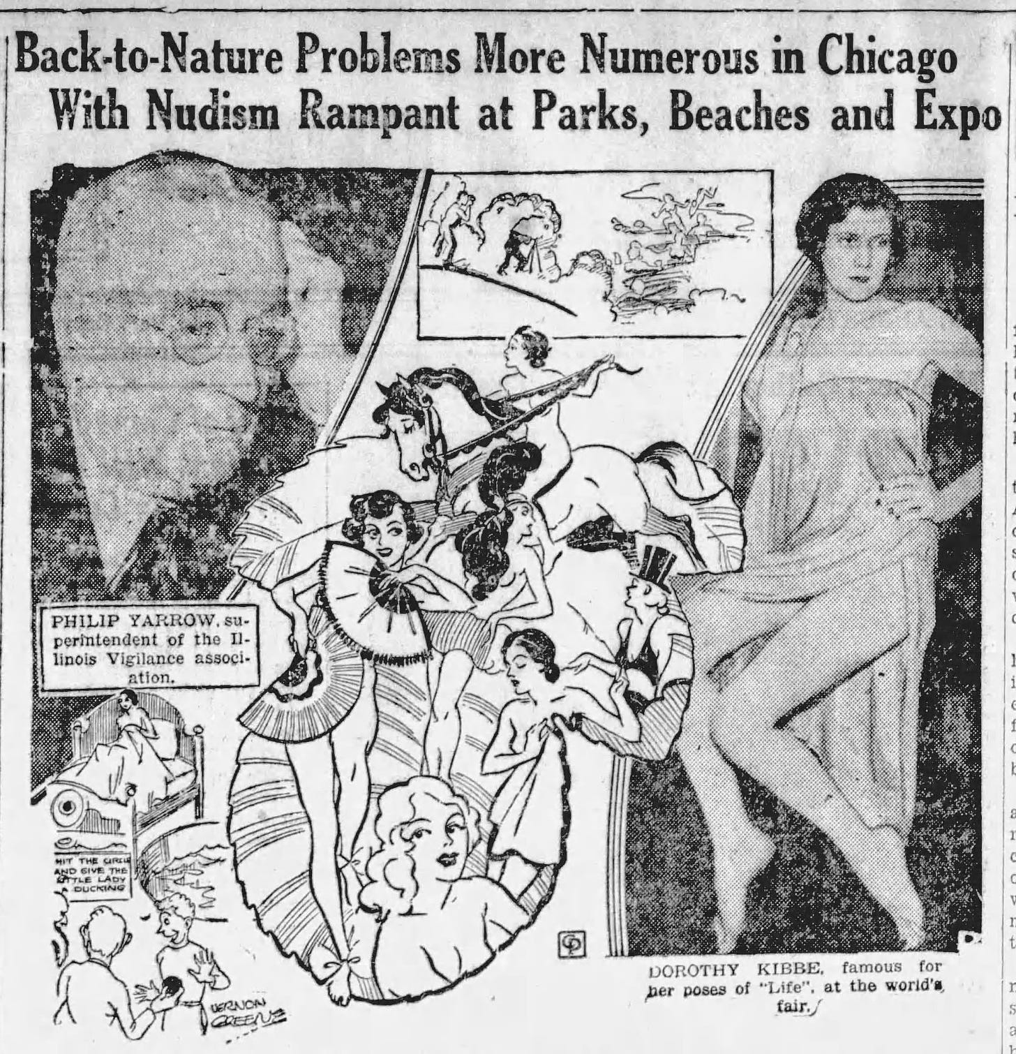 Philip Yarrow is pictured in a photo collage featuring modest drawings of nude women. The headline reads: Back-to-Nature Problems More Numerous in Chicago with Nudism Rampant at Parks, Beaches, Expo. 