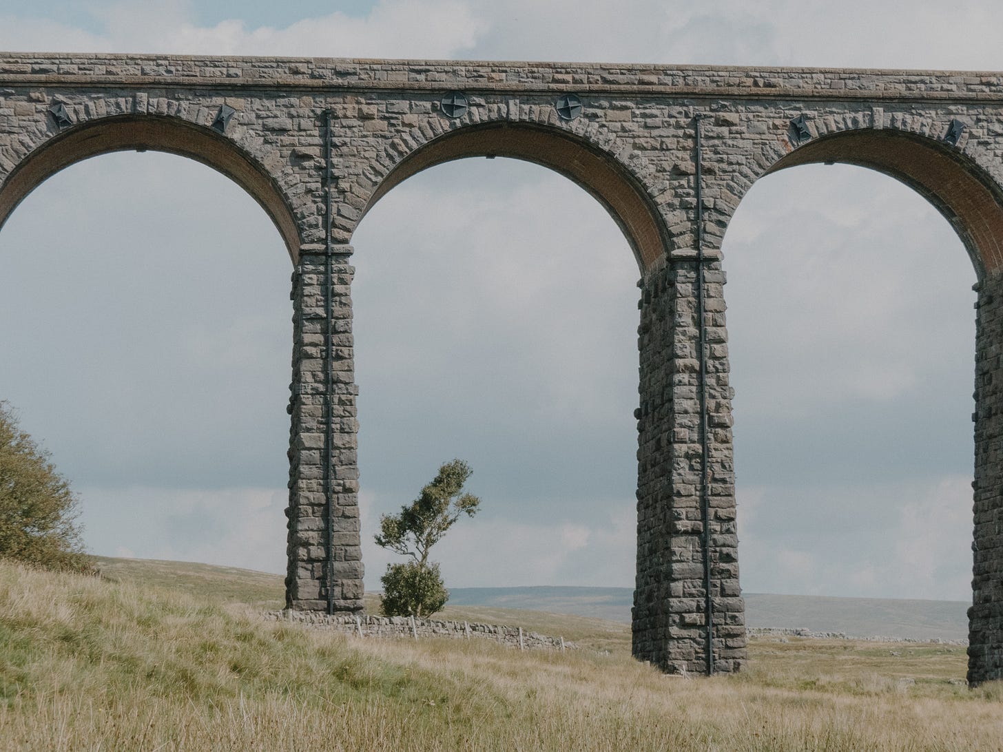 A picture of a Victorian railway viaduct, taken from the side. Three boughs are visible, standing in a gently undulating landscape. A small tree is visible behind the viaduct.