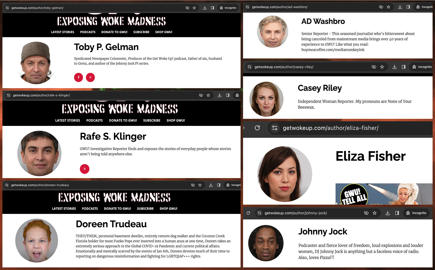 screenshot of 7 alleged getwokeup.com authors with GAN-generated faces: Toby P. Gelman, Rafe S. Klinger, Doreen Trudeau, AD Washbro, Casey Riley, Eliza Fisher, Johnny Jock