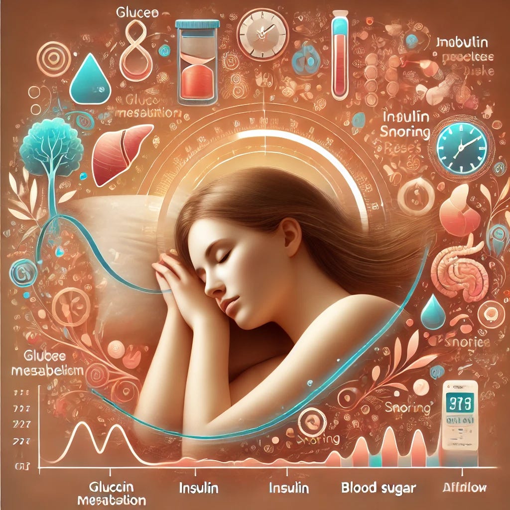 A professional medical illustration highlighting the relationship between sleep duration, snoring, and diabetes risk. The image features a stylized depiction of a sleeping woman with a subtle overlay of biological elements such as glucose metabolism indicators (e.g., insulin molecules, blood sugar levels) and snoring-related airflow pathways. A warm color palette with soothing tones enhances the sense of health and well-being. The background includes abstract representations of sleep cycles and metabolic processes, symbolizing the importance of sleep quality in diabetes prevention. The design is clean, modern, and approachable, ensuring clarity and engagement.