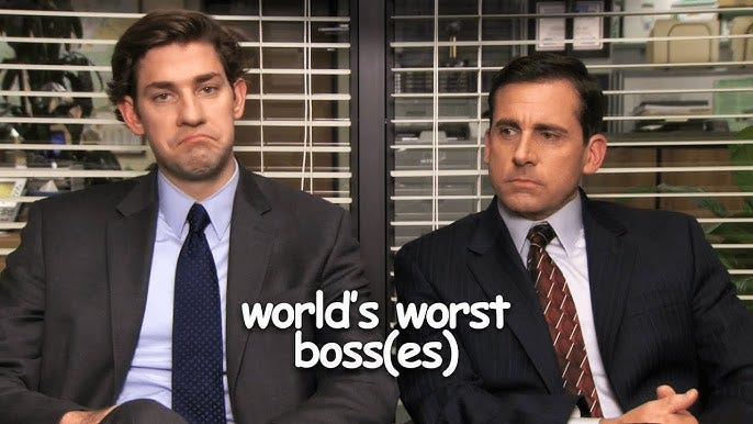 screenshot from the office featuring Jim and Michael sitting side by side with sour faces and a text below them that reads "world's worst bosses" 