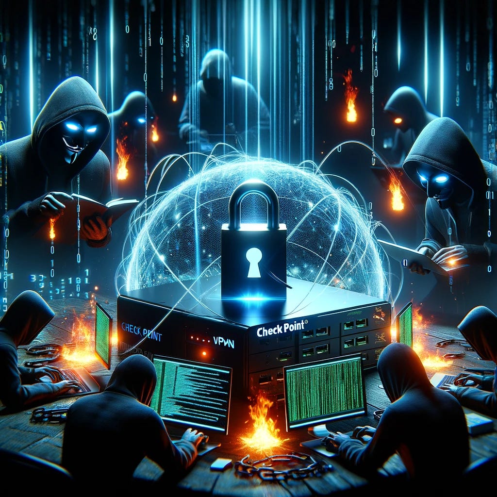 A dramatic 3D scene showing hackers targeting Check Point VPNs. The central focus is on a Check Point VPN device surrounded by digital flames and sparks. Hackers are represented as shadowy figures with hoodies and glowing eyes, working on computers with cascading lines of code on the screens. The background is filled with cyber elements like binary code, locks, and shields being breached. The overall atmosphere is dark and intense, with a sense of urgency and tension, highlighted by neon blue and red tones.