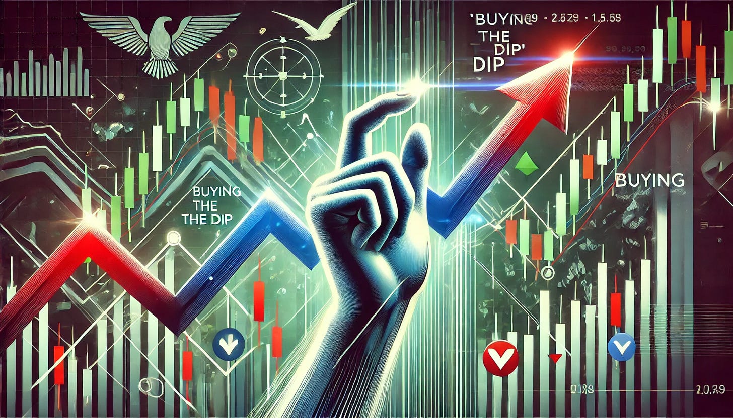 A dynamic and visually engaging illustration representing the concept of 'buying the dip' in the stock market. The image features a stylized stock chart with a sharp downward movement followed by a strong upward recovery, emphasizing a clear 'dip' point where a hand or a figure is confidently investing. The background includes financial elements like candlestick charts, green and red market indicators, and a bullish upward trend. The overall theme conveys opportunity, confidence, and strategic investing.