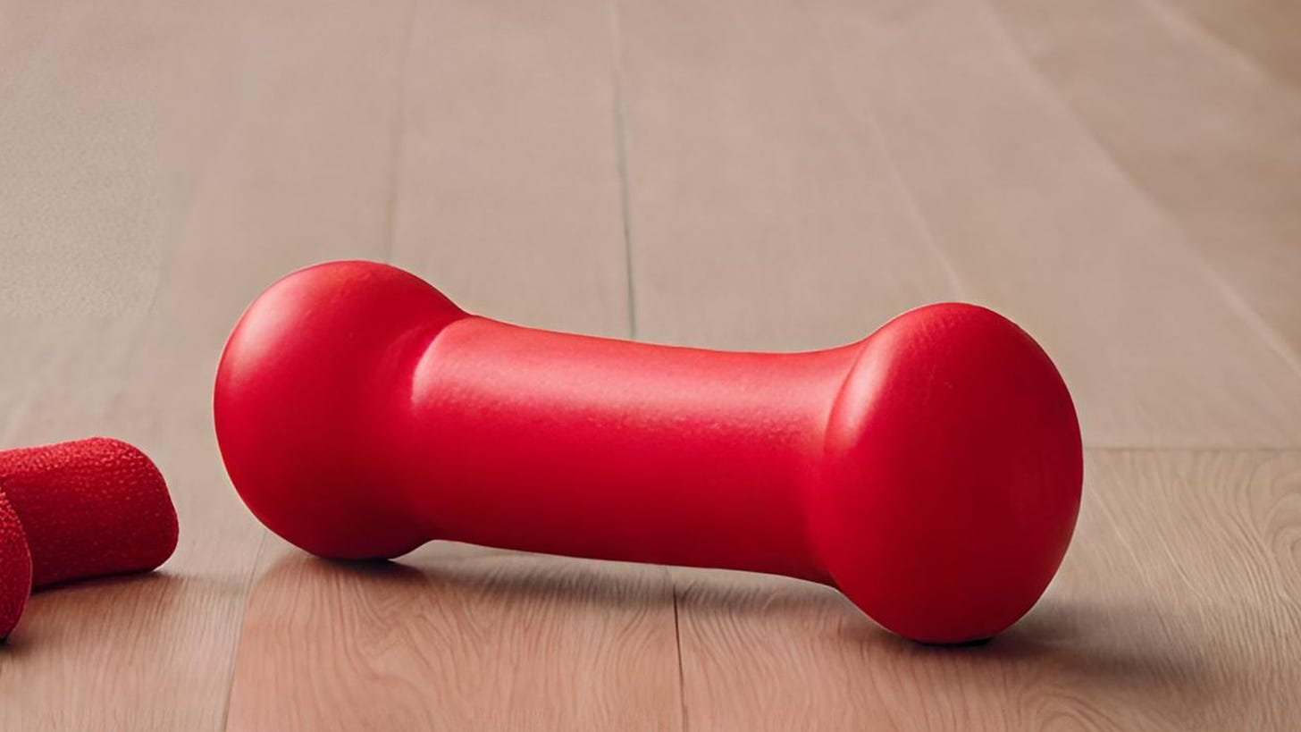 A red dog chew toy on a wooden floor