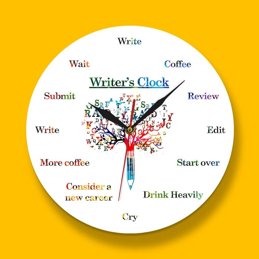 writer's clock with words instead of numbers e.g. write, edit, start over, more coffee, cry