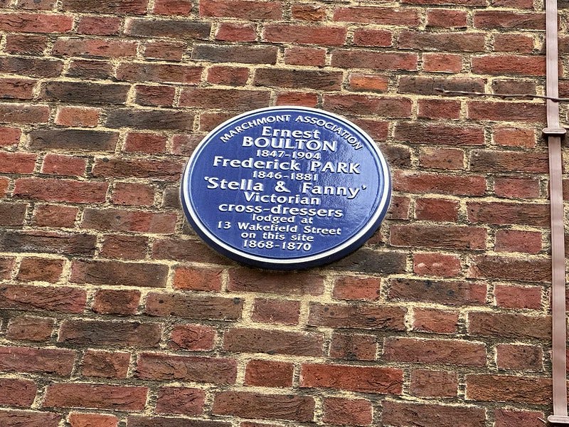 a plaque to boulton and park, otherwise known as stella and fanny, a well-known pair of cross-dressers of the 19th century