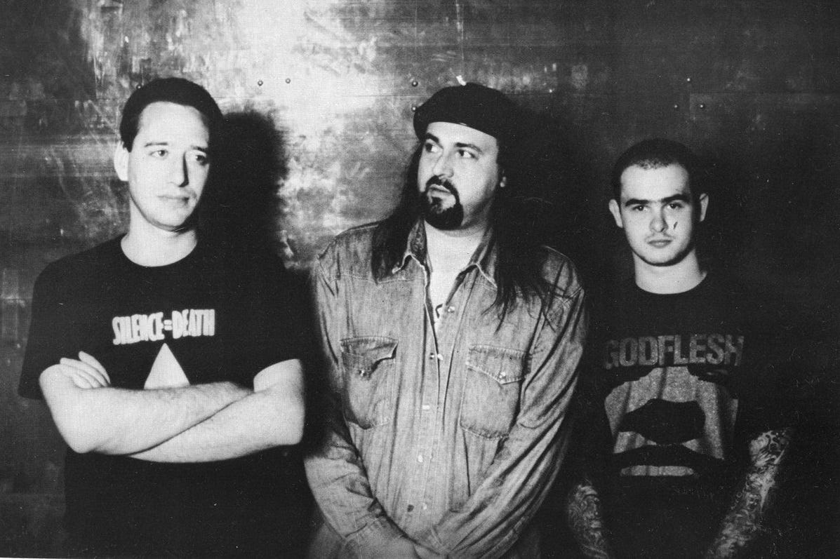 Painkiller circa 1991: L-R John Zorn, Bill Laswell, Mick Harris