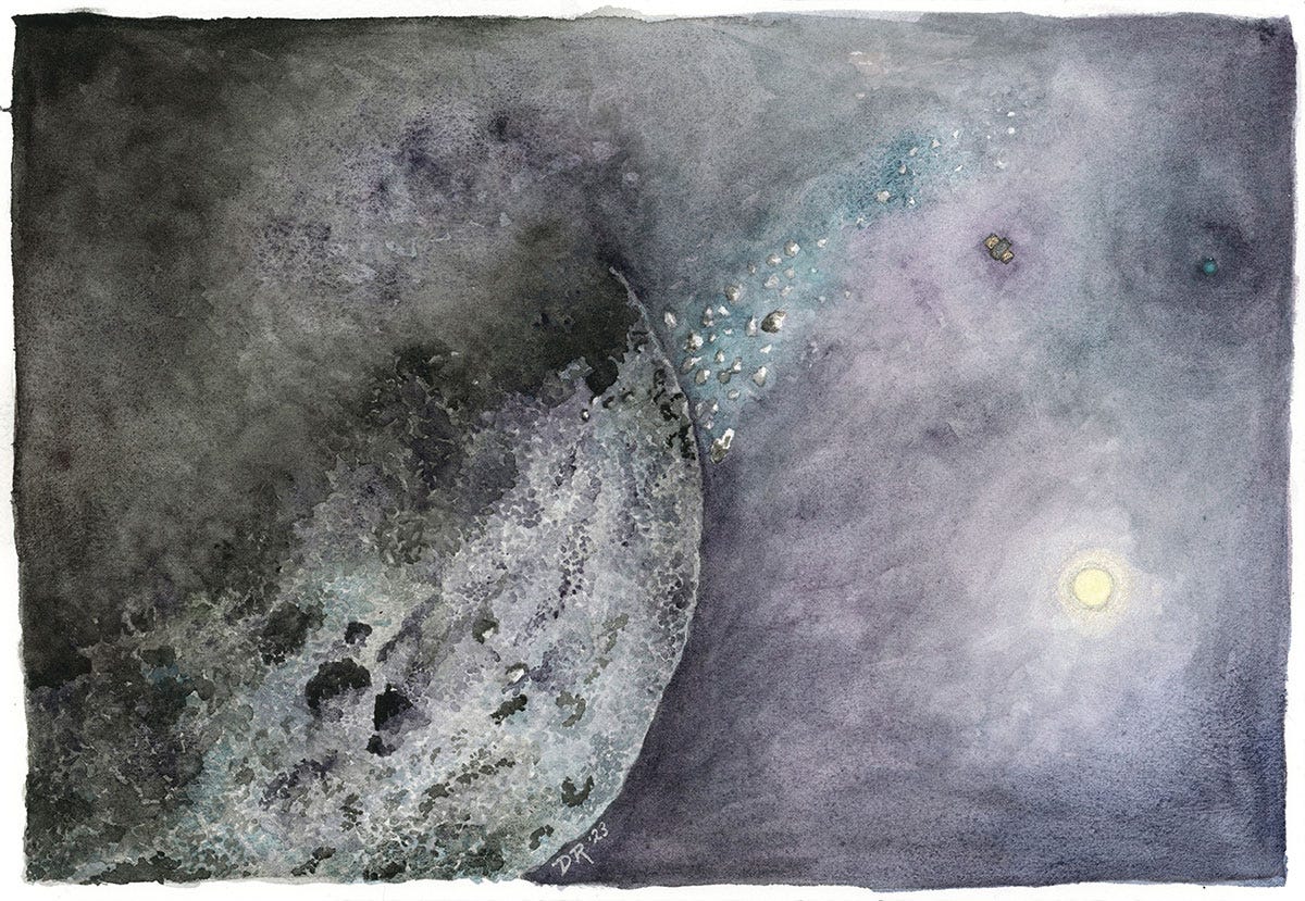 A watercolor painting of asteroid Bennu, trailing debris from the left, with an abstract mottled background in navy, purples and blacks. The sun, spacecraft OSIRIS-REx and a distant Earth are seen on the right-hand side.