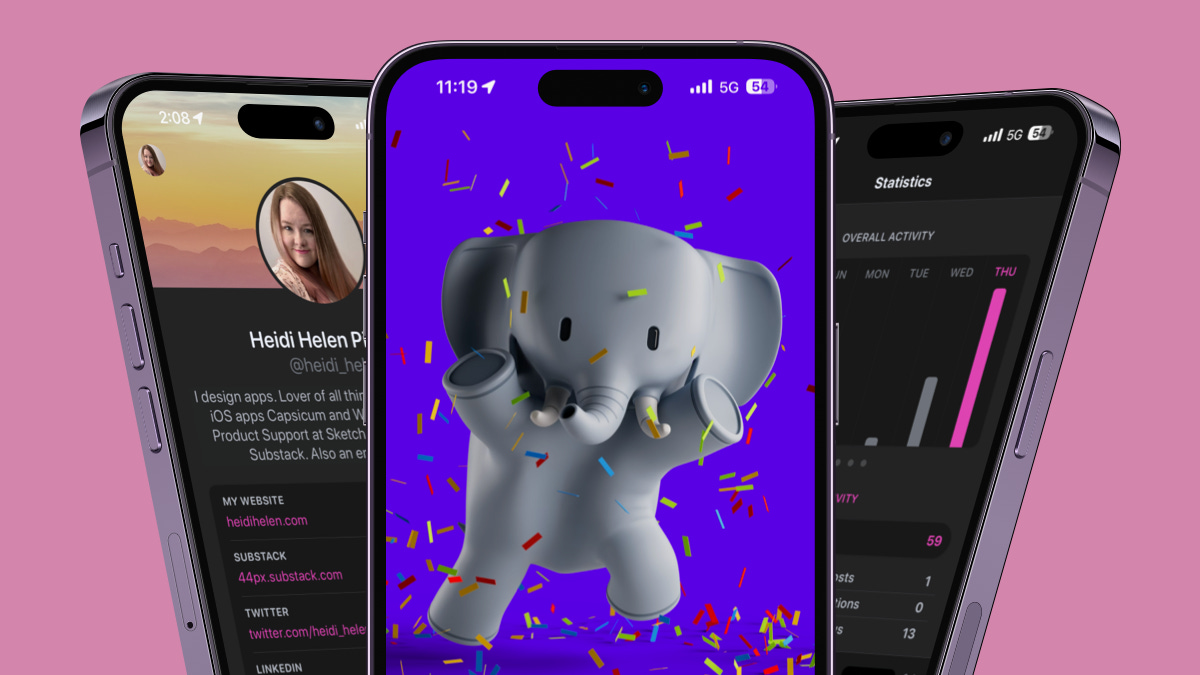 Three iPhone 14 Pro Max in purple over a pink background. The middle one has Ivory, the adorable elephant mascot jumping up with confetti falling down. The left one features my profile, and the right one features the Statistics screen, showing a pink bar graph.