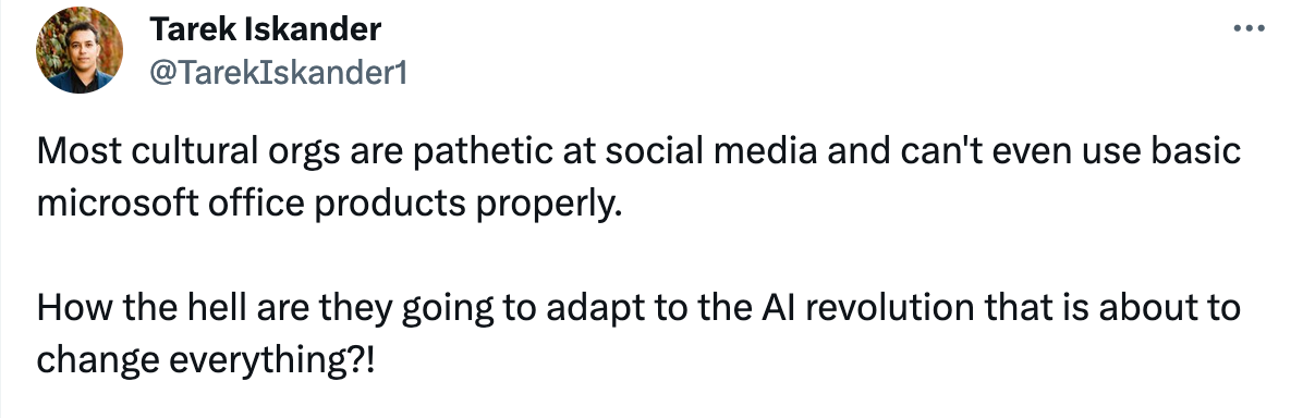 Most cultural orgs are pathetic at social media and can't even use basic microsoft office products properly.  How the hell are they going to adapt to the AI revolution that is about to change everything?!